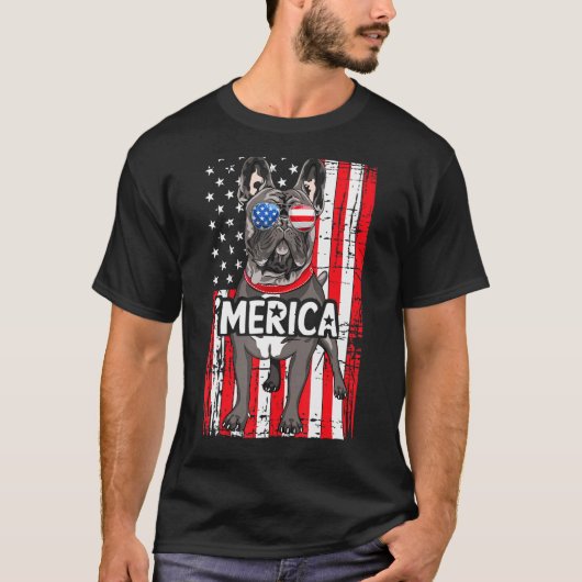 メリカフランスのブルドッグ米国国旗クールの犬4 Tシャツ (正面)