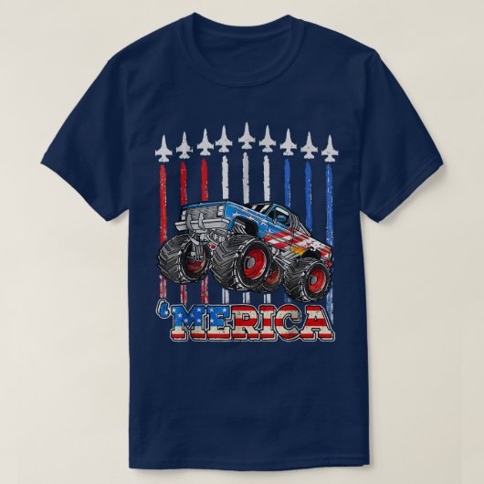 メリカモンスタントラック愛国的アメリカ国旗7月 Tシャツ (デザイン正面)