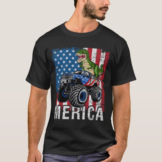 メリカ恐竜のモンスタートラックアメリカ国旗4 Tシャツ (正面)
