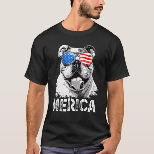 メリカ英語ブルドッグ愛国米国国旗 Tシャツ (正面)