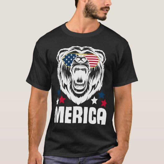 メリカ サングラス 4th of July アメリカ国旗 クマ Tシャツ (正面)