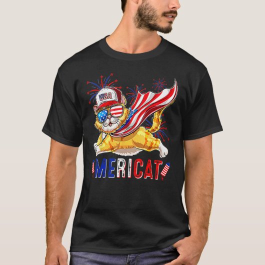 メリキャット 4th ジュライ ネコ アメリカ国旗 アメリカ USA Tシャツ (正面)