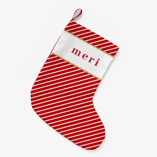 メリキュートフェスティバルレッドホワイトストライプ名前をカスタムする スモールクリスマスストッキング (正面 (吊り時))