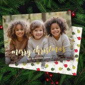 メリクリスマス ゴールドの手書き文字のフルフォトカード 箔シーズンカード