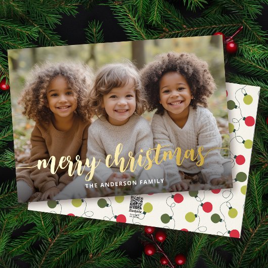 メリクリスマス ゴールドの手書き文字のフルフォトカード 箔シーズンカード