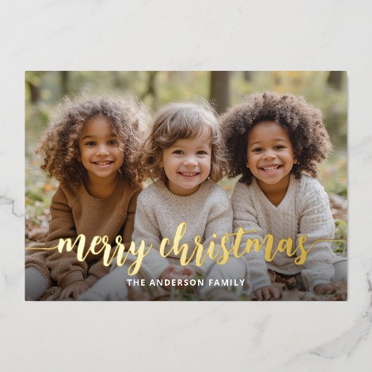 メリクリスマス ゴールドの手書き文字のフルフォトカード 箔シーズンカード (正面)