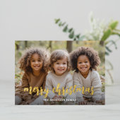 メリクリスマス ゴールドの手書き文字のフルフォトカード 箔シーズンカード (立ち正面)