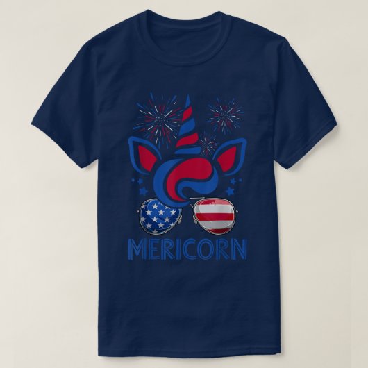 メリコーンユニコーン顔&アメリカ国旗のサングラス4 Tシャツ (デザイン正面)