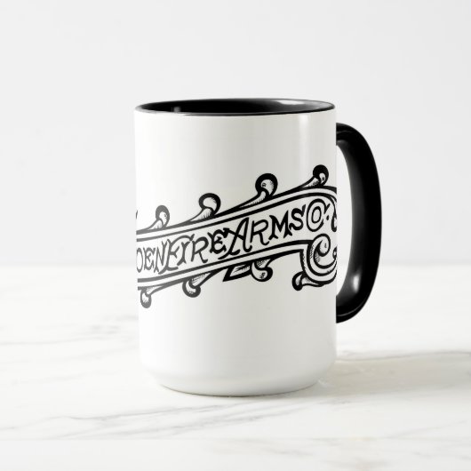 メリデンの火腕によって刻まれるスクロールロゴのマグ マグカップ (正面右)