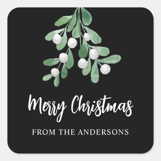 メリパーソナライズされたスクリスマスベリー葉ズブラック スクエアシール (正面)