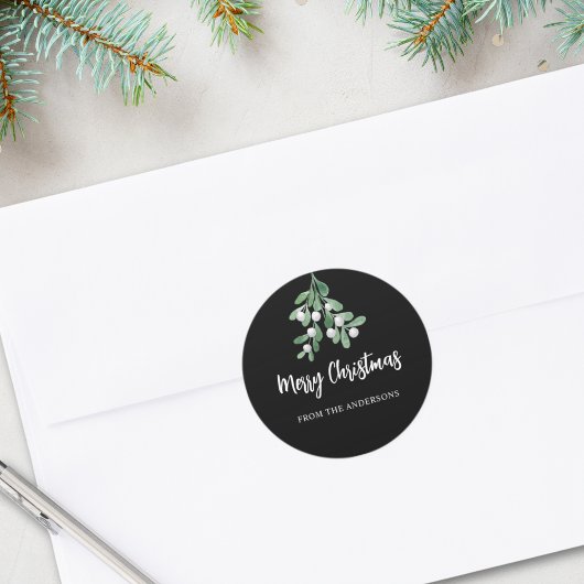 メリパーソナライズされたスクリスマスベリー葉ズブラック ラウンドシール