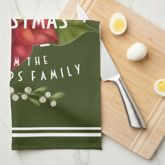 メリパーソナライズされたークリスマス、濃い緑 キッチンタオル (四つ折り)