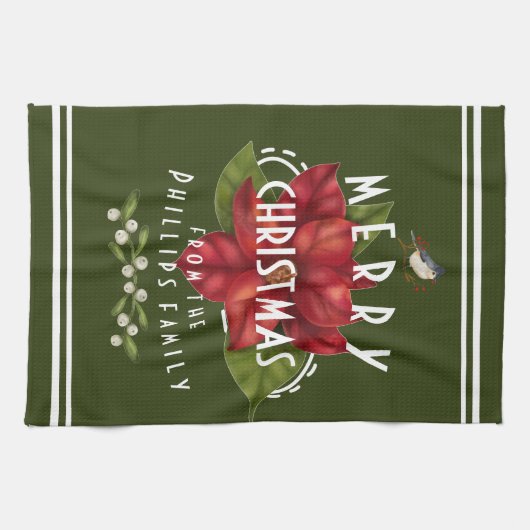 メリパーソナライズされたークリスマス、濃い緑 キッチンタオル (横)