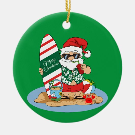 メリーおもしろいクリスマスサンタオンサマーサーフビーチ セラミックオーナメント (正面)