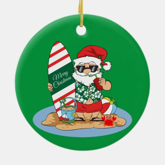 メリーおもしろいクリスマスサンタオンサマーサーフビーチ セラミックオーナメント (裏面)