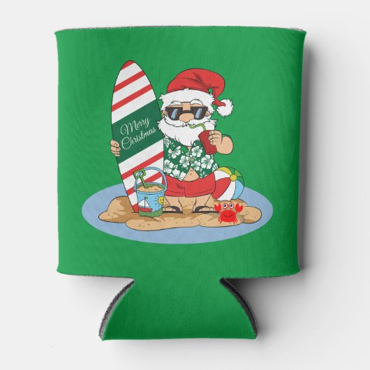 メリーおもしろいクリスマスサンタオンサマーサーフビーチ 缶クーラー (正面)
