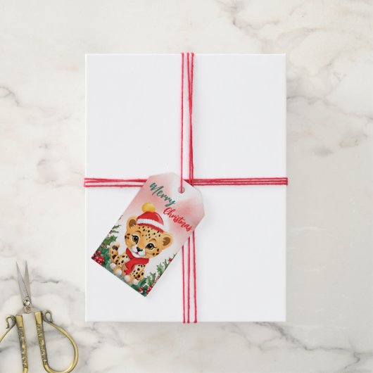 メリーおもしろいクリスマスリースかわいいチータサンタ ギフトタグ (より糸付き)
