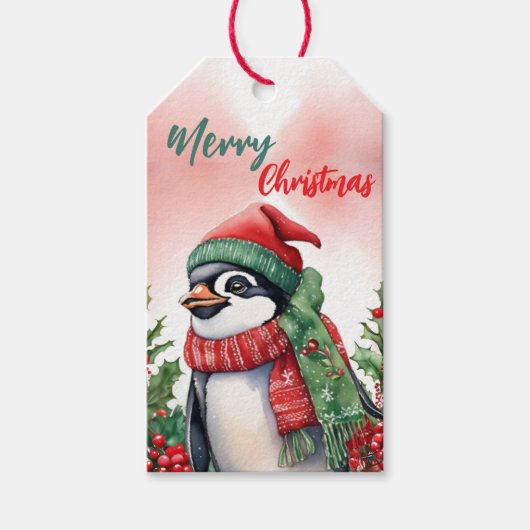 メリーおもしろいクリスマスリースかわいいペンギンサンタ ギフトタグ (正面)