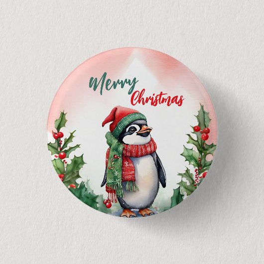 メリーおもしろいクリスマスリースかわいいペンギン海 缶バッジ (正面)