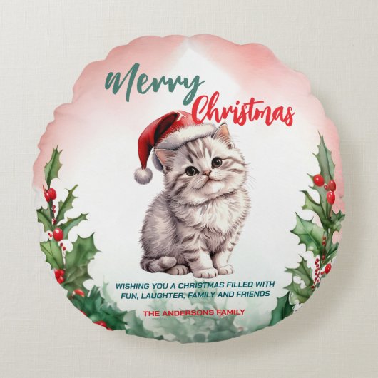 メリーおもしろいクリスマスリースかわいい猫ネコ ラウンドクッション (正面)