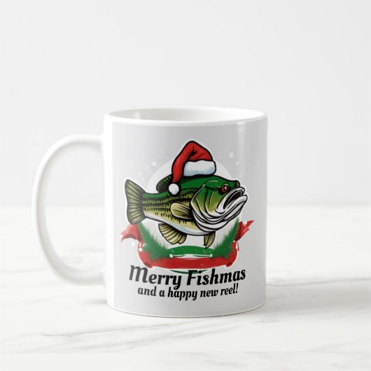 メリーおもしろいクリスマス釣りマス魚釣りサンタフィッシュ コーヒーマグカップ (左)