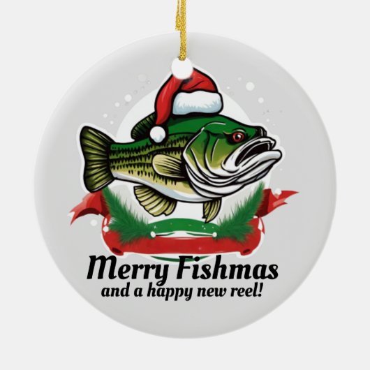 メリーおもしろいクリスマス釣りマス魚釣りサンタフィッシュ セラミックオーナメント (裏面)