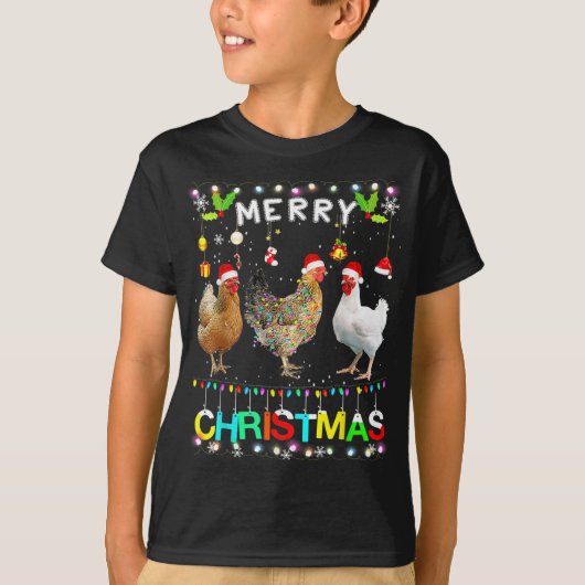 メリーおもしろいクリスマス鶏サンタ帽子ライトクマ Tシャツ (正面)