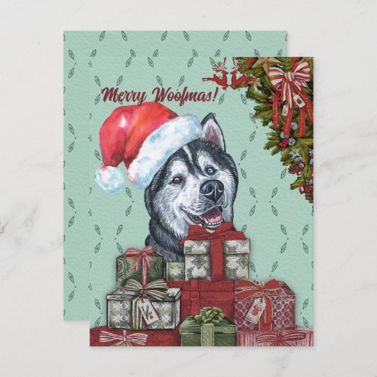 メリーおー!シベリアのハスキーサンタハットクリスマス ノートカード (正面/裏面)