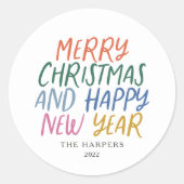 メリーお洒落カラフルクリスマス新年おめでとう ラウンドシール (正面)