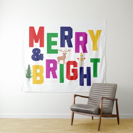 メリーでブライトな松の木のトナカイと雪だるま タペストリー (インサイチュ(横))