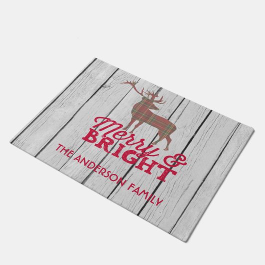 メリーで及び明るいクリスマスの格子縞のシカのドア・マット ドアマット (アングル)