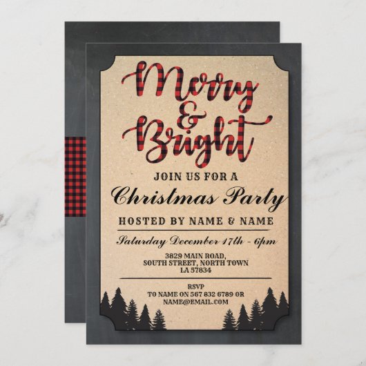 メリーで及び明るいクリスマス・パーティの休日の点検のクリスマス 招待状 (正面/裏面)