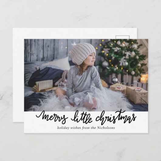 メリーで小さいクリスマスの手書きの休日の写真 シーズンポストカード (正面/裏面)