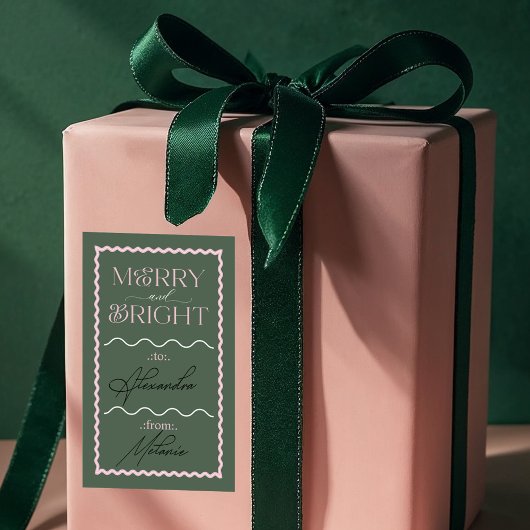 メリーと明るいモダン緑のレトロから波打つ 長方形シール