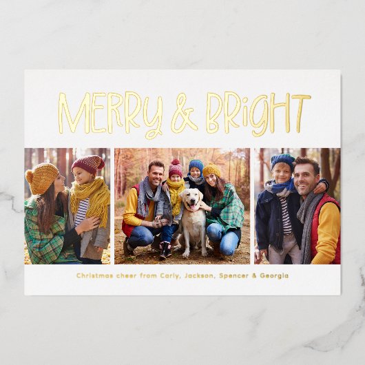 メリーと明るい可愛いおもしろい金ゴールドクリスマス3写真 箔シーズンカード (正面)