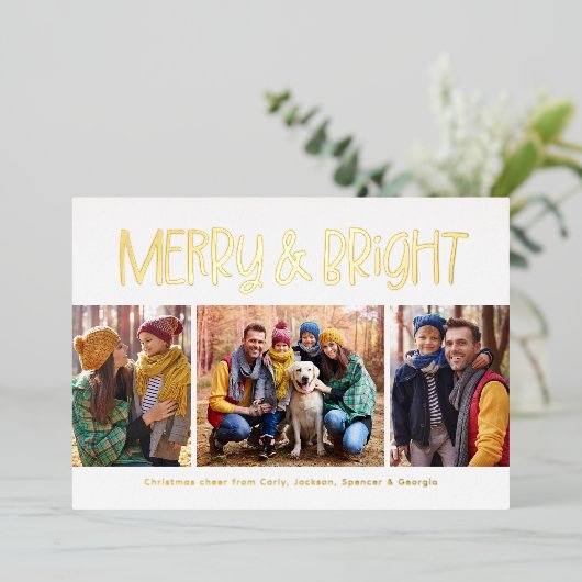 メリーと明るい可愛いおもしろい金ゴールドクリスマス3写真 箔シーズンカード (立ち正面)