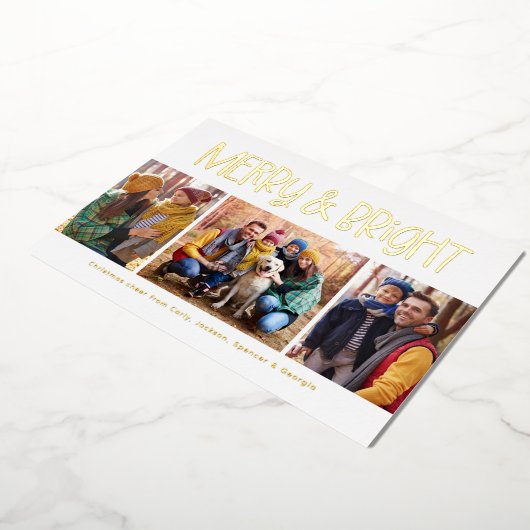 メリーと明るい可愛いおもしろい金ゴールドクリスマス3写真 箔シーズンカード (回転した状態)