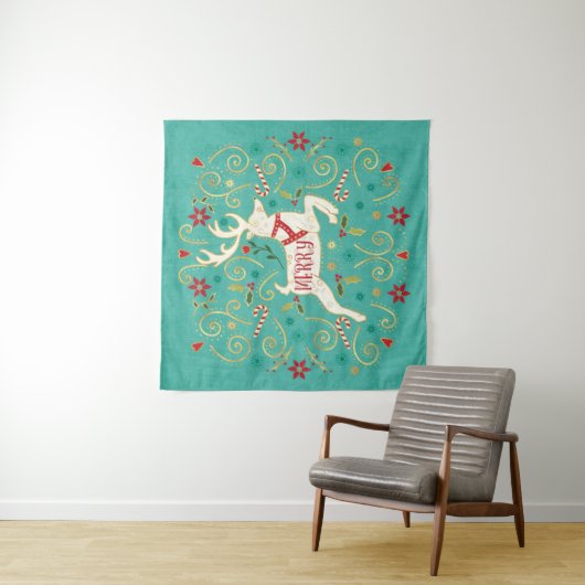 メリーな休日のティール（緑がかった色）のトナカイ タペストリー (インサイチュ)