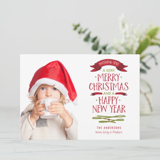 メリーな挨拶の赤い旗の休日の写真カード シーズンカード (スタンド正面)