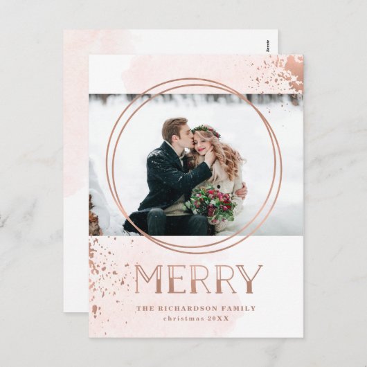 メリーな|ののどのばら色の金ゴールドおよび赤面のクリスマスの写真 シーズンポストカード (正面/裏面)