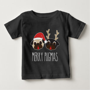 メリーなPugmasのクリスマスのサンタのパグのトナカイのパグ ベビーTシャツ