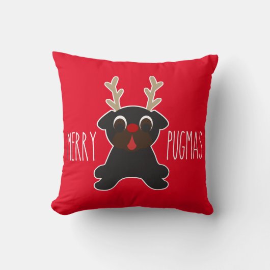 メリーなPugmasの黒いパグのトナカイ クッション (正面)