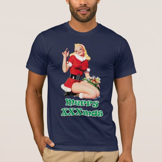メリーなXXXmas: おもしろいなクリスマスのヴィンテージのピンナップの女の子 Tシャツ (正面)