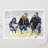 メリーはっきりしたクリスマスタイポグラフィモダン写真金ゴールド 箔シーズンカード (正面)