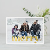 メリーはっきりしたクリスマスタイポグラフィモダン写真金ゴールド 箔シーズンカード (立ち正面)