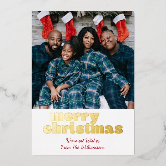 メリーはっきりしたクリスマスラックス写真喜びモダン金ゴールド 箔シーズンカード (正面)