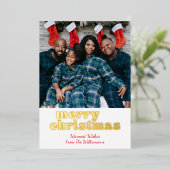 メリーはっきりしたクリスマスラックス写真喜びモダン金ゴールド 箔シーズンカード (立ち正面)