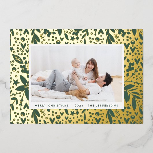 メリーはっきりしたクリスマス金ゴールドグリーンボタニカルフレーム 箔シーズンカード (正面)