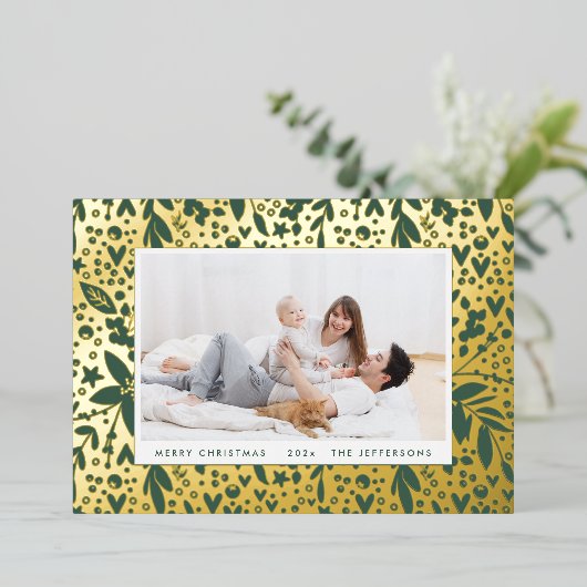 メリーはっきりしたクリスマス金ゴールドグリーンボタニカルフレーム 箔シーズンカード (立ち正面)