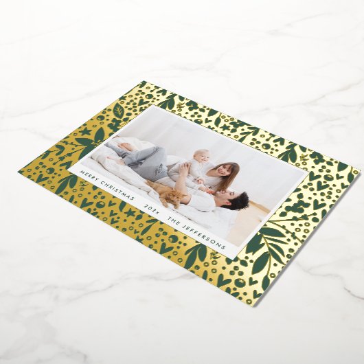 メリーはっきりしたクリスマス金ゴールドグリーンボタニカルフレーム 箔シーズンカード (回転した状態)